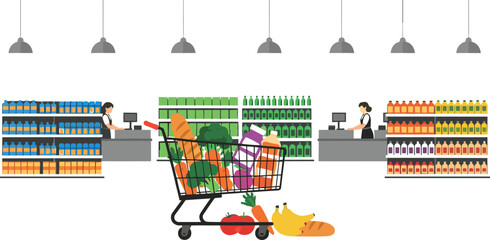 Flat Design Supermarket Interior with Customer Shopping Cart and Checkout Vector Illustration