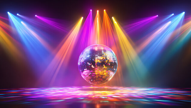 A colorful disco ball on stage with lights shining