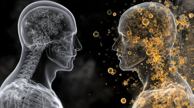 Transparent human skeleton facing infected translucent figure with reactive oxygen species, cellular debris, immune particles and neural detail in chaotic medical illustration