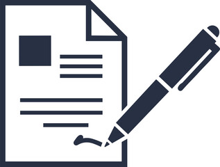 Document and pen signing icon, contract signature symbol, paperwork approval graphic, legal agreement illustration for business use