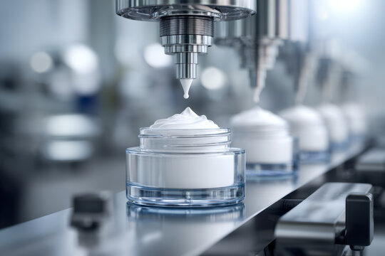 Cream jar being filled with white cream on production line, cosmetic cream filling nozzle dispensing lotion in sterile manufacturing environment, smooth texture and precise machinery