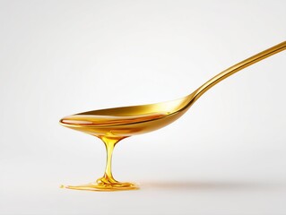 Golden honey dripping from a spoon onto surface