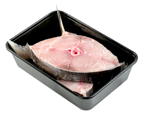 Fresh raw fish steaks in a black plastic container. One large steak and a smaller one visible, Ideal for food marketing, recipes, and grocery store promotions.