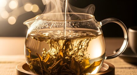 Pouring hot water into a glass teapot with tea leaves and steam rising with bokeh background