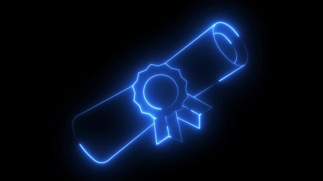 glowing neon certificate and ranking icon animation on black background. 4k motion video animation .