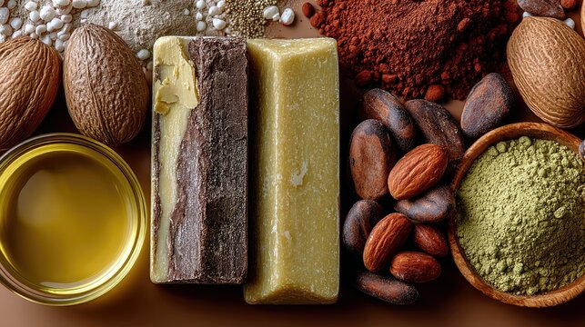 A flat lay arrangement of natural ingredients for soap making, including two bars of soap, a bowl of yellow oil, cocoa powder, cocoa beans, almonds, shea nuts,