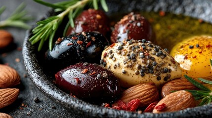 A close-up shot of a dark bowl filled with various olives, almonds, and a dollop of seasoned spread, garnished with rosemary sprigs and drizzled with olive oil.