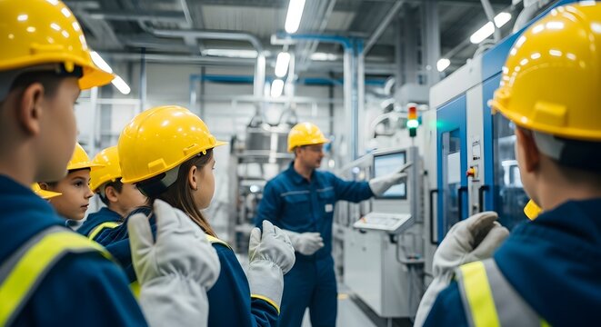Group of students wearing hard hats learning about machinery in a factory with an instructor present