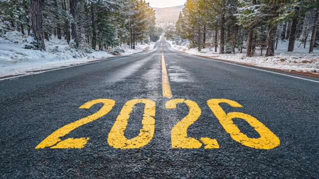 Snowy forest road with yellow 2026 text painted on asphalt leading toward sunlit horizon, straight centerline guiding perspective and winter trees lining both sides