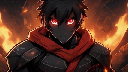 Anime character with glowing red eyes in black armor surrounded by fire - Powered by Adobe