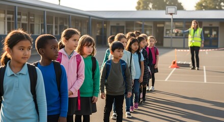 Line of students with backpacks standing outside with a teacher in a safety vest guiding them