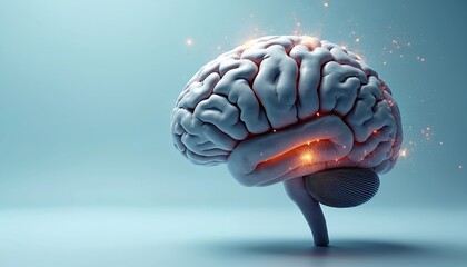 Human brain illustration with visible cracks and glowing neural sparks signifies cognitive damage or neurological disorder. Conceptual art depicts trauma awareness or brain injury.