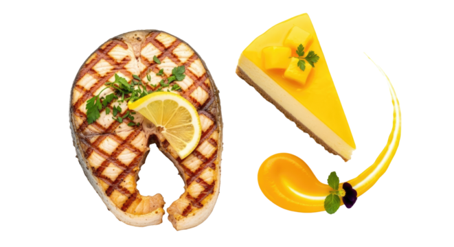 Grilled Salmon Slice and Mango Cheesecake Dessert with Fresh Herbs and Fruit in Transparent Background - Powered by Adobe