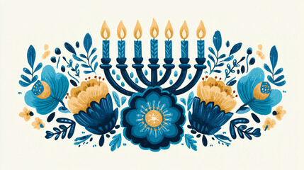 scandinavian folk art hanukkah menorah with glowing candles and floral decorations, perfect for greeting cards, festive banners, jewish holiday designs, seasonal posters, cultural celebration visuals