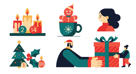 Fototapeta premium Festive holiday icons showcasing winter themes, including candles, gingerbread, a Christmas tree, and people exchanging gifts.