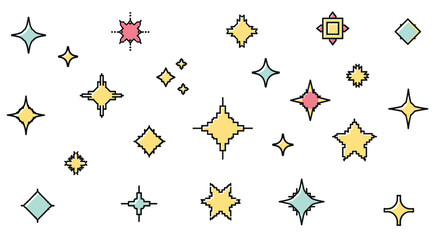 Fototapeta premium Colorful pixelated starbursts and sparkles create a joyful design with a whimsical aesthetic, perfect for adding a touch of fun to projects.