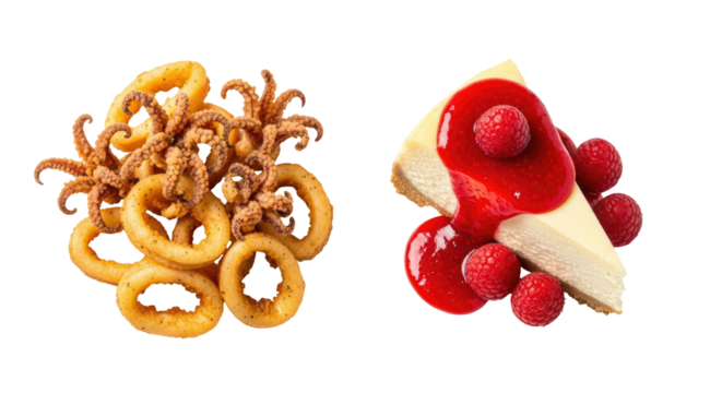 Fried Calamari Rings and Raspberry Cheesecake Slice on a Transparent Background