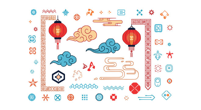 Colorful and festive vector illustration featuring traditional Chinese ornaments like lanterns, clouds, and decorative borders.