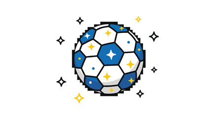 Pixelated soccer ball surrounded by twinkling stars in a cartoon illustration evokes a playful and engaging sports theme in retro pixel art style.
