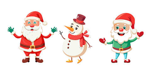 Fototapeta premium Christmas cartoon characters. Set of vector comic illustrations with snowman, Santa Claus in trendy retro cartoon style. vector icon 