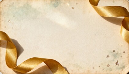 Festive background with a gold ribbon and sparkling stars on vintage paper. Elegant holiday invitation or greeting card template with copy space