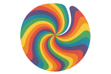 Rainbow spiral circle creating a colorful psychedelic pinwheel design with vintage 1960s aesthetic on transparent background