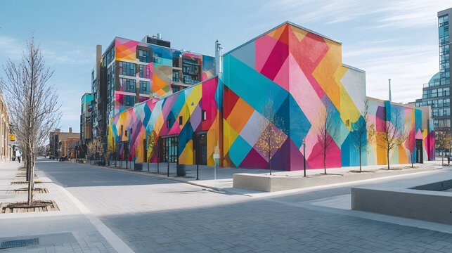 Vibrant abstract street art covering an entire urban building facade.