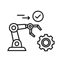 Line icon representing automated manufacturing process with robotic arm completing task next to gear isolated on