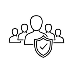 Line icon representing team safety and security with a central figure protected by a shield and checkmark isolated on