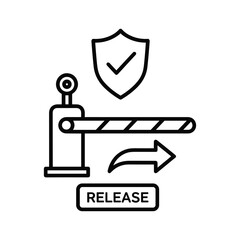 Line art icon representing secure access release with a barrier gate, shield, and forward arrow isolated on
