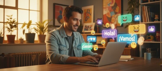 Smiling man engaging in online communication, seeing multiple glowing chat bubbles, positive emojis, and social media reaction icons appearing around his laptop computer at home