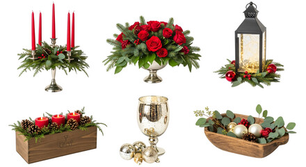 Festive christmas and holiday decorations red candles, floral arrangements, lanterns, and ornaments for seasonal decor, isolated on transparent background