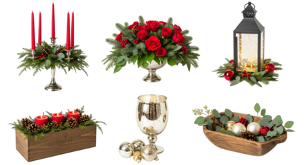 Festive christmas and holiday decorations red candles, floral arrangements, lanterns, and ornaments for seasonal decor, isolated on transparent background