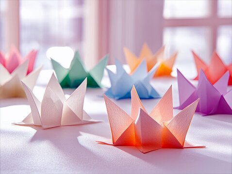 A collection of colorful origami flowers arranged on a white tablecloth. The flowers are in various pastel shades and are lit by soft, diffused light, creating