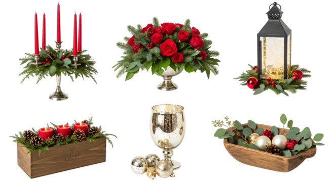 Festive christmas and holiday decorations red candles, floral arrangements, lanterns, and ornaments for seasonal decor, isolated on transparent background