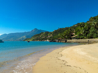 Tropical Beach with Golden Sand and Palm Trees in Ilhabela, Brazil