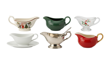 A collection of various gravy boats and sauce pitchers, including festive christmasthemed designs and classic styles, isolated on transparent background