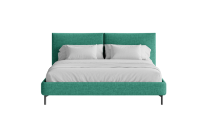 Modern bed with a comforter and pillows on an isolated background.