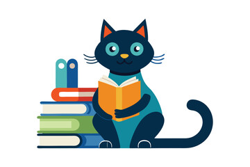 Cartoon illustration of an cat reading book isolated on white background