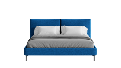 Front view of a modern blue bed on a transparent background.