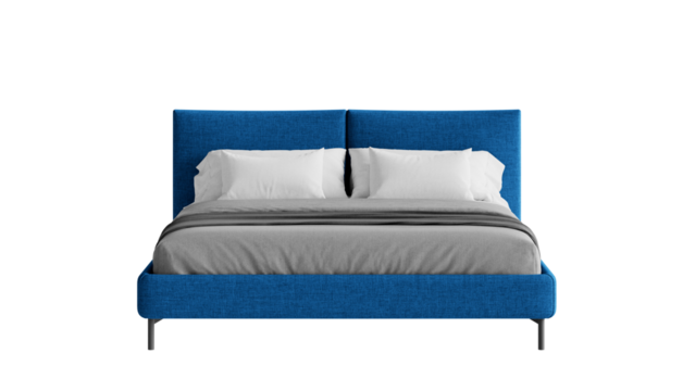 Front view of a modern blue bed on a transparent background.