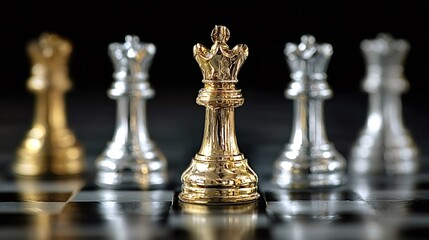 Gold queen chess piece stands prominently on a black and white chessboard, representing strength, leadership, strategy, and power in a competitive business or game context
