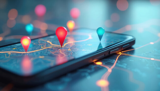 Smartphone displaying map with pins. Location markers on digital interface show route. Concept for gps navigation app for travel, direction. Technology, mobile connectivity with device, tracking - Powered by Adobe