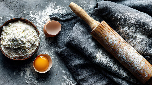 Baking ingredients with flour, eggs, rolling pin and salt on rustic kitchen surface