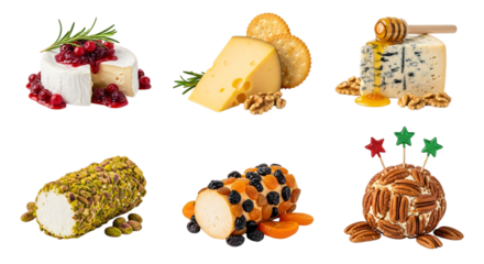 Gourmet cheese appetizers brie, blue cheese, goat cheese, and a pecan cheese ball with various toppings, isolated on transparent background
