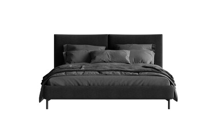 Black bed with a black comforter and pillows on a transparent background.