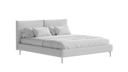 White bed with a white blanket and pillows on a transparent background.