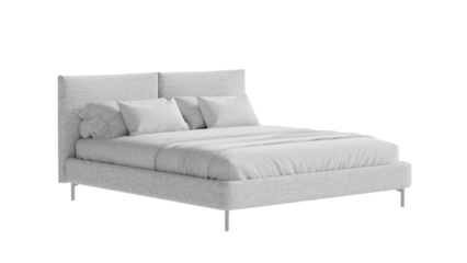 White bed with a white blanket and pillows on a transparent background.