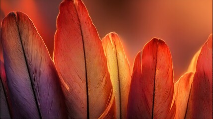 Vibrant close up of colorful feathers with warm glowing light creating a soft abstract pattern and texture.