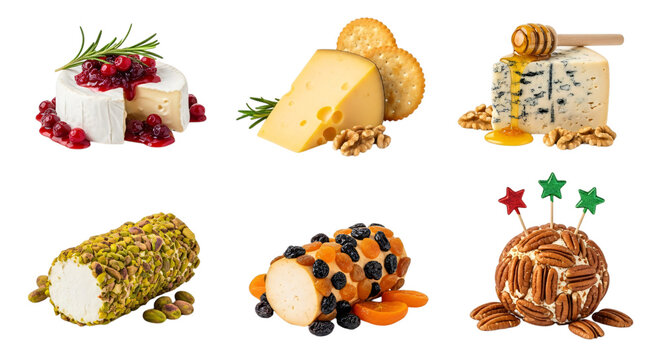 Gourmet cheese appetizers brie, blue cheese, goat cheese, and a pecan cheese ball with various toppings, isolated on transparent background - Powered by Adobe